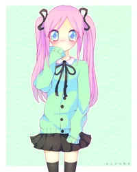 Size: 800x1000 | Tagged: artist:riouku, black skirt, black socks, black stockings, blushing, bow, cardigan, clothes, derpibooru import, digital art, fluttershy, green sweater, hair bow, human, humanized, light skin, long sleeves, looking at you, neck bow, pigtails, pink hair, pleated skirt, safe, short skirt, shy, skirt, sleeves past fingers, socks, solo, standing, stockings, sweater, sweatershy, thigh highs, zettai ryouiki
