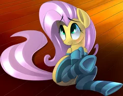 Size: 2521x1970 | Tagged: safe, artist:january3rd, derpibooru import, fluttershy, pony, blushing, clothes, cute, female, looking up, mare, shyabetes, side, smiling, socks, solo, striped socks, underhoof, wooden floor