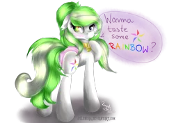 Size: 1600x1131 | Tagged: suggestive, artist:julunis14, derpibooru import, oc, oc:lea, unofficial characters only, pony, blushing, clothes, collar, female, heterochromia, jewelry, mare, medallion, monologue, panties, rainbow, solo, text, two colour hair, underwear