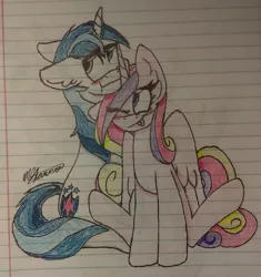 Size: 1024x1090 | Tagged: safe, artist:shellythewolf1, derpibooru import, princess cadance, shining armor, blushing, female, lined paper, male, shiningcadance, shipping, snuggling, straight, tongue out, traditional art