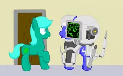 Size: 1280x786 | Tagged: safe, artist:minty candy, derpibooru import, oc, oc:pearl, oc:static charge, unofficial characters only, earth pony, pony, robot, fallout equestria, fallout equestria: empty quiver, artificial intelligence, clothes, door, indoors, mister handy, screen, story, surprised