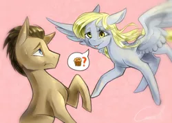 Size: 800x570 | Tagged: safe, artist:cassiel, derpibooru import, derpy hooves, doctor whooves, time turner, pegasus, pony, :t, female, flying, food, frown, mare, muffin, open mouth, pictogram, question mark, raised hoof, sitting, smiling, spread wings, sweatdrop