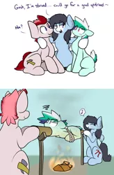 Size: 1276x1940 | Tagged: all the way through, artist:nom-sympony, blushing, bondage, cooked alive, cooking, cooking vore, derpibooru import, eyes closed, fire, floppy ears, hoof hold, hug, impalement, implied cannibalism, implied vore, innuendo, kitchen eyes, literal spitroast, music notes, :o, oc, oc:pepper dust, oc:peppermint, oc:spearmint, pictogram, pony as food, semi-grimdark, sitting, smiling, speech bubble, suggestive, sweat, unamused, unofficial characters only, wide eyes