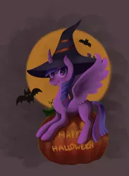Size: 3244x4443 | Tagged: safe, artist:miss-cats, derpibooru import, twilight sparkle, twilight sparkle (alicorn), alicorn, bat, pony, female, food, halloween, hat, looking at you, mare, missing cutie mark, pumpkin, smiling, solo, spread wings, wings, witch hat