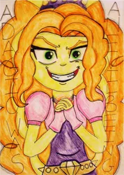 Size: 976x1369 | Tagged: safe, artist:blazingdazzlingdusk, derpibooru import, adagio dazzle, equestria girls, rainbow rocks, a lego a day keeps the dagi away, drawing, evil, evil grin, green eyes, pure unfiltered evil, scheming, solo, traditional art