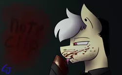Size: 1250x770 | Tagged: grimdark, artist:ceejayponi, derpibooru import, oc, oc:note clip, unofficial characters only, blood, licking, solo, tongue out, tumblr