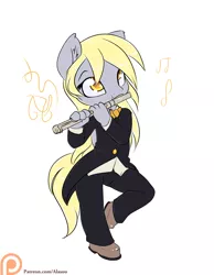 Size: 1050x1350 | Tagged: anthro, artist:alasou, chibi, clothes, derpibooru import, derpy hooves, flute, jethro tull, music, musical instrument, patreon, patreon logo, plantigrade anthro, safe, simple background, solo, white background