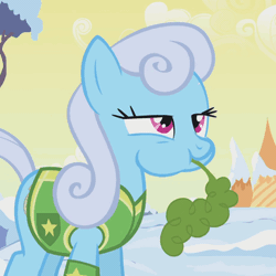 Size: 366x366 | Tagged: safe, derpibooru import, screencap, linky, shoeshine, earth pony, pony, winter wrap up, animated, background pony, bliss, carrot, cropped, eating, female, food, horses doing horse things, lidded eyes, mare, plant team, puffy cheeks, solo, winter wrap up vest
