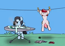 Size: 1280x905 | Tagged: artist:nom-sympony, cartoon physics, clothes line, derpibooru import, flattened, ironing, oc, oc:pepci, oc:pepper dust, oc:peppermint, oc:spearmint, safe, unofficial characters only