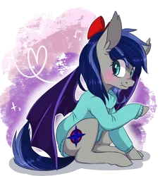 Size: 2000x2200 | Tagged: safe, artist:silbersternenlicht, derpibooru import, oc, oc:blue horizon, unofficial characters only, bat pony, pony, bow, clothes, fangs, female, hair bow, mare, sitting, solo, sweater