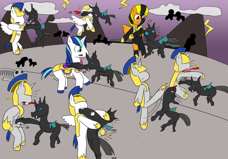 Size: 2488x1737 | Tagged: artist:otakon, blood, changeling, comic:canterlot hero 2, commission, derpibooru import, fight, group, oc, oc:dark thunder, royal guard, semi-grimdark, shining armor