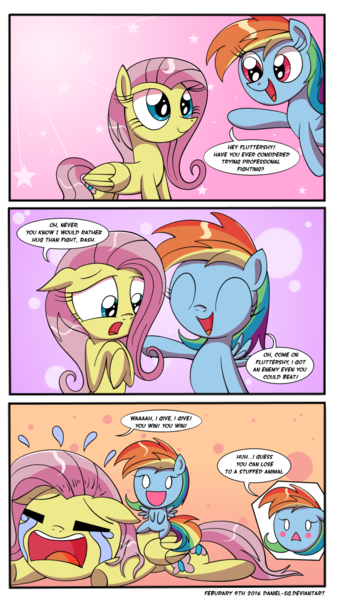 Size: 1000x1781 | Tagged: safe, artist:daniel-sg, derpibooru import, fluttershy, rainbow dash, comic, crying, cute, dialogue, epic fail, fail, plushie, shyabetes