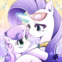 Size: 2000x2000 | Tagged: artist:mr.sugar, beautiful, crying, cute, derpibooru import, diasweetes, glasses, glowing horn, pixiv, pouting, puffy cheeks, raribetes, rarity, rarity's glasses, safe, sisters, sweetie belle, teary eyes