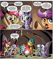 Size: 1304x1457 | Tagged: safe, artist:agnesgarbowska, derpibooru import, idw, apple bloom, diamond tiara, scootaloo, silver spoon, snails, snips, sweetie belle, earth pony, pegasus, pony, unicorn, spoiler:comic, spoiler:comic39, bag, binoculars, campfire, cave, colt, comic, cutie mark crusaders, female, filly, foal, male, official comic, saddle bag, sitting, speech bubble, stalactite