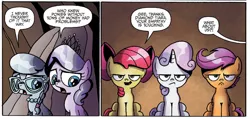 Size: 1318x630 | Tagged: safe, artist:agnesgarbowska, derpibooru import, idw, apple bloom, diamond tiara, scootaloo, silver spoon, sweetie belle, earth pony, pegasus, pony, unicorn, spoiler:comic, spoiler:comic39, bag, binoculars, comic, cropped, cutie mark crusaders, female, filly, foal, official comic, offscreen character, saddle bag, sitting, speech bubble