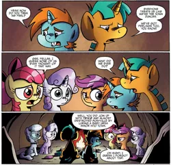 Size: 1303x1256 | Tagged: safe, artist:agnesgarbowska, derpibooru import, idw, apple bloom, diamond tiara, scootaloo, silver spoon, snails, snips, sweetie belle, earth pony, pegasus, pony, unicorn, spoiler:comic, spoiler:comic39, bag, binoculars, campfire, cave, colt, comic, cutie mark crusaders, female, filly, foal, male, official comic, saddle bag, sitting, speech bubble