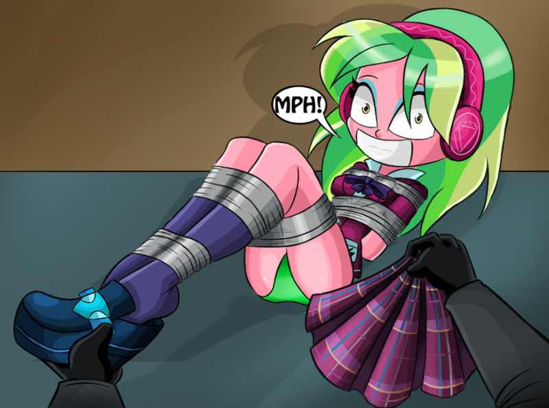 Size: 826x613 | Tagged: questionable, artist:gaggeddude32, derpibooru import, lemon zest, equestria girls, assisted exposure, bondage, clothes, crystal prep academy uniform, duct tape, gag, green underwear, headphones, kidnapped, microfoam tape, muffled moaning, removing shoes, school uniform, skirt, socks, tape gag, this will end in rape, tied up, underwear, undressing