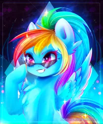 Size: 1574x1888 | Tagged: safe, artist:koveliana, derpibooru import, rainbow dash, alternate hairstyle, chest fluff, chromatic aberration, color porn, glasses, solo, starry eyes, wingding eyes