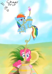 Size: 1061x1500 | Tagged: safe, artist:clutterdrop, derpibooru import, pinkie pie, rainbow dash, bondage, cupcake, food, musical instrument, rope, rope trick, snake charming, tuba