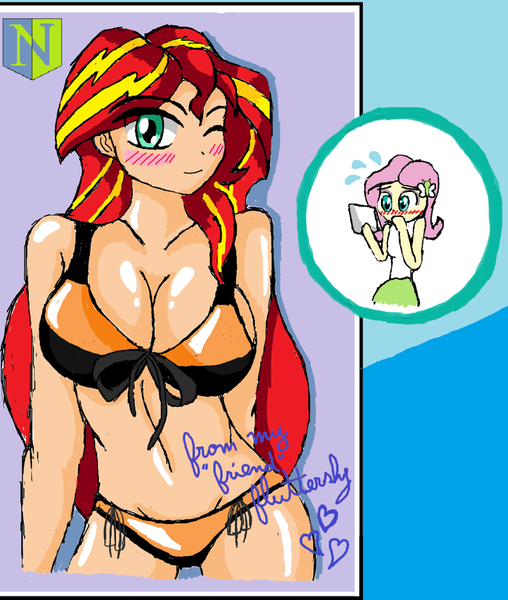 Size: 1024x1210 | Tagged: suggestive, artist:neutralchilean, derpibooru import, fluttershy, sunset shimmer, equestria girls, belly button, bikini, blushing, breasts, busty sunset shimmer, cleavage, clothes, female, female focus, human coloration, humanized, lesbian, midriff, shipping, solo focus, sunshyne, swimsuit