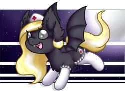 Size: 885x649 | Tagged: safe, artist:mondlichtkatze, derpibooru import, oc, oc:nighthaunt, unofficial characters only, bat pony, pony, chibi, clothes, female, flying, hat, nurse, nurse hat, open mouth, socks, solo, stockings