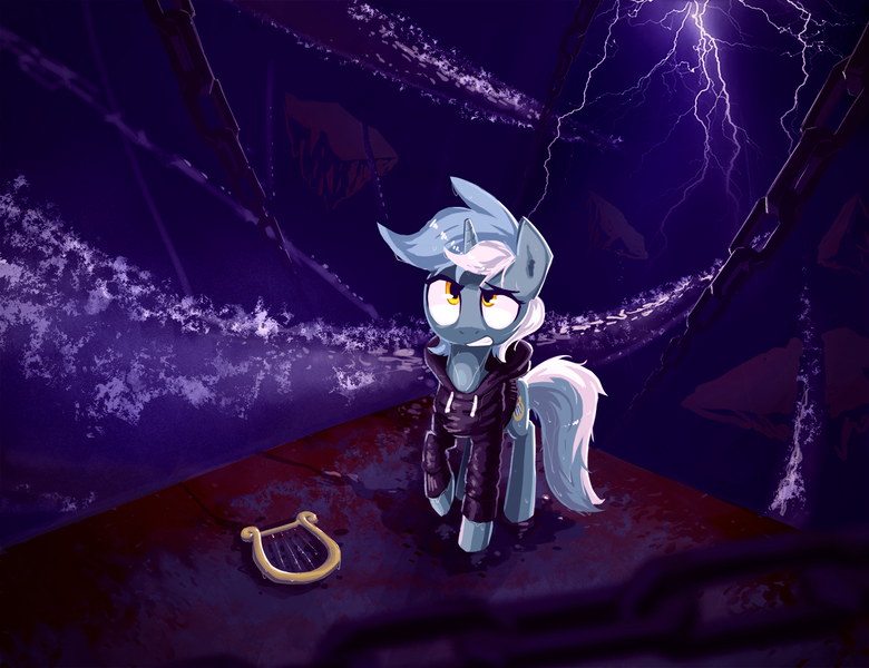 Size: 1920x1477 | Tagged: artist:shovrike, chains, clothes, derpibooru import, fanfic art, fanfic:background pony, hoodie, lightning, lyra heartstrings, lyre, safe, solo, unsung realm