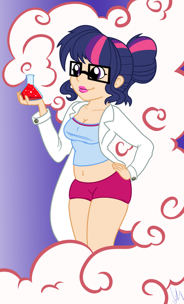 Size: 1647x2715 | Tagged: suggestive, artist:gingerthefox, artist:marno, derpibooru import, sci-twi, twilight sparkle, equestria girls, belly button, breasts, cleavage, clothes, female, humanized, lab coat, lipstick, midriff, open clothes, solo