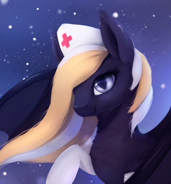 Size: 700x752 | Tagged: safe, artist:rodrigues404, derpibooru import, oc, oc:nighthaunt, unofficial characters only, bat pony, pony, clothes, female, hat, nurse, nurse hat, portrait, socks, solo, stockings