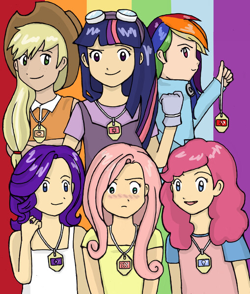 Size: 2036x2402 | Tagged: applejack, artist:iemikas, crossover, derpibooru import, digimon, fluttershy, human, humanized, mane six, pinkie pie, rainbow dash, rarity, safe, twilight sparkle