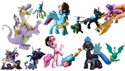 Size: 1438x816 | Tagged: safe, derpibooru import, official, nightmare moon, nightshade, pinkie pie, princess celestia, queen chrysalis, rainbow dash, spike, tank, twilight sparkle, twilight sparkle (alicorn), alicorn, changeling, cockatrice, pegasus, pony, unicorn, adult spike, armor, bat-winged chicken, clothes, costume, dragon rider shining armor, guardians of harmony, horseshoes, older, older spike, ponies riding dragons, rearing, riding, royal guard, shadowbolts, shadowbolts costume, spikezilla, toy