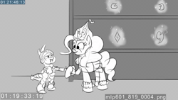 Size: 640x360 | Tagged: animated, animatic, armor, balancing, clothes, costume, cupcake, derpibooru import, eyes closed, food, open mouth, pinkie pie, raised hoof, safe, season 6, smiling, spike, spinning, throwing, wide eyes