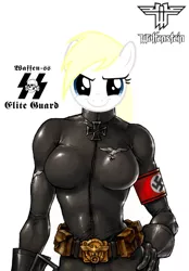 Size: 479x690 | Tagged: suggestive, derpibooru import, edit, editor:vanchees, oc, oc:aryanne, unofficial characters only, anthro, earth pony, aryan pony, catsuit, dreamworks face, female, latex, leather, looking at you, nazi, skintight clothes, smiling, solo, solo female, swastika, wolfenstein