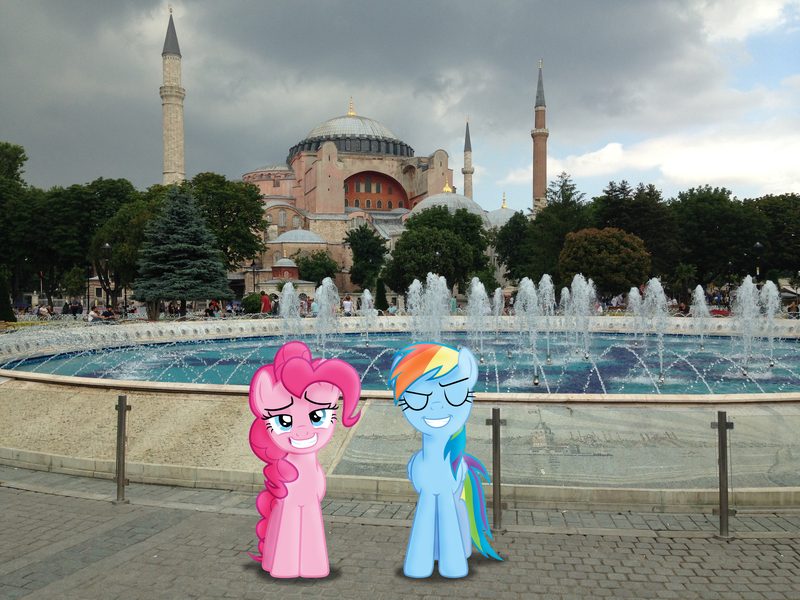 Size: 3264x2448 | Tagged: safe, artist:geonine, artist:stabzor, derpibooru import, pinkie pie, rainbow dash, female, fountain, hagia sophia, irl, istanbul, lesbian, photo, pinkiedash, ponies in real life, shipping, turkey (country), vector