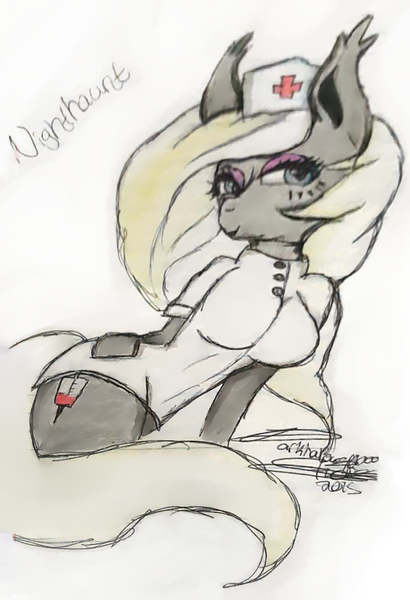 Size: 685x1002 | Tagged: safe, artist:darkhallows1000, derpibooru import, oc, oc:nighthaunt, unofficial characters only, anthro, bat pony, anthro oc, female, hat, nurse, nurse hat, retouched, solo