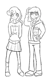 Size: 641x888 | Tagged: artist:lesbocarwash, clothes, derpibooru import, hoodie, human, humanized, monochrome, pleated skirt, safe, scootaloo, shoes, sketch, skirt, socks, sweetie belle