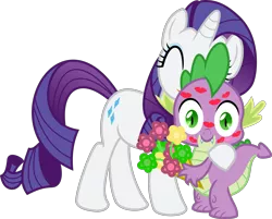 Size: 3903x3142 | Tagged: safe, artist:sapphire-beauty0, derpibooru import, rarity, spike, dragon, pony, unicorn, .svg available, baby, baby dragon, bouquet, cute, cutie mark, eyes closed, fangs, female, flower, horn, hug, kiss mark, kissing, lipstick, looking at you, male, mare, shipping, simple background, sparity, spikabetes, spikelove, straight, transparent background, vector