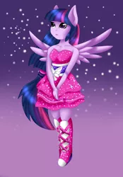 Size: 3000x4308 | Tagged: safe, artist:midfire, derpibooru import, twilight sparkle, equestria girls, boots, clothes, dress, fall formal outfits, high heel boots, ponied up, ponytail, skirt, solo, sparkles, twilight ball dress, wings