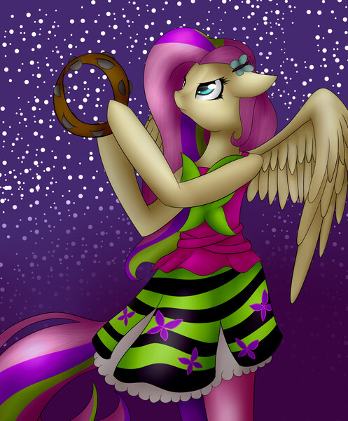 Size: 2731x3300 | Tagged: safe, artist:midfire, derpibooru import, fluttershy, anthro, equestria girls, rainbow rocks, clothes, looking up, musical instrument, pantyhose, rainbow rocks outfit, skirt, solo, spread wings, standing, tambourine