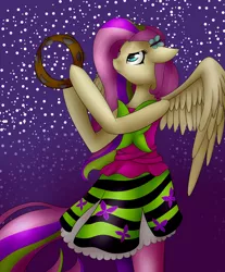 Size: 2731x3300 | Tagged: safe, artist:midfire, derpibooru import, fluttershy, anthro, equestria girls, rainbow rocks, clothes, looking up, musical instrument, pantyhose, rainbow rocks outfit, skirt, solo, spread wings, standing, tambourine