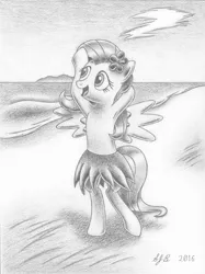 Size: 2243x3003 | Tagged: safe, artist:europeandragon, derpibooru import, fluttershy, pony, armpits, beach, bipedal, clothes, dancing, flower, flower in hair, grass skirt, grayscale, hawaiian flower in hair, hooves up, hula, hula dance, hulashy, looking away, looking up, monochrome, open mouth, pencil drawing, skirt, smiling, solo, spread wings, traditional art