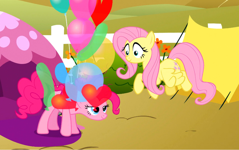 Size: 949x596 | Tagged: safe, derpibooru import, screencap, fluttershy, pinkie pie, the super speedy cider squeezy 6000, balloon, duo, tent