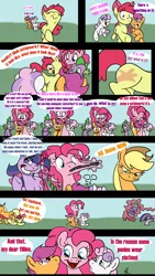 Size: 3508x6201 | Tagged: dead source, suggestive, artist:rannva, derpibooru import, apple bloom, applejack, pinkie pie, scootaloo, spike, sweetie belle, twilight sparkle, dragon, earth pony, pegasus, pony, unicorn, comic, cutie mark crusaders, female, filly, hand print, implied appledash, implied foalcon, implied lesbian, implied sex, implied shipping, interspecies, levitation, magic, male, mare, mouth hold, scrunchy face, shipping, spank mark, spanking, spikebloom, straight, tail, tail pull, telekinesis, unicorn twilight