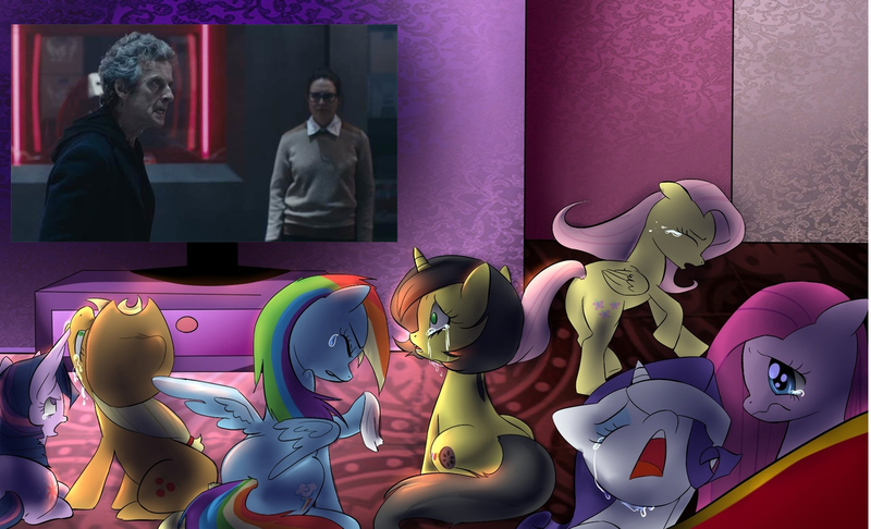 Size: 1284x780 | Tagged: safe, derpibooru import, applejack, fluttershy, pinkie pie, rainbow dash, rarity, twilight sparkle, oc, oc:pauly sentry, earth pony, pegasus, pony, unicorn, doctor who, exploitable meme, eyes closed, handkerchief, mane six, meme, obligatory pony, open mouth, osgood, peter capaldi, prone, sad movie meme, sitting, spread wings, television, the zygon inversion, twelfth doctor, wavy mouth, wings