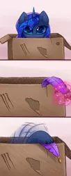 Size: 1600x3923 | Tagged: safe, artist:magnaluna, derpibooru import, princess luna, cat, cat pony, original species, pony, behaving like a cat, box, catified, claws, comic, cute, eye reflection, feather, levitation, looking at you, magic, offscreen character, pony in a box, quill, scratches, solo, soon, species swap, telekinesis