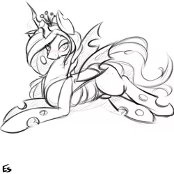 Size: 900x900 | Tagged: artist:asadama, blushing, derpibooru import, lineart, monochrome, queen chrysalis, safe, sketch, solo