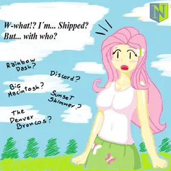 Size: 1024x1024 | Tagged: safe, artist:neutralchilean, derpibooru import, fluttershy, equestria girls, anime face, blushing, breasts, busty fluttershy, cleavage, denver broncos, female, humanized, implied discoshy, implied flutterdash, implied fluttermac, implied shipping, implied sunshyne, implying, surprised, wat