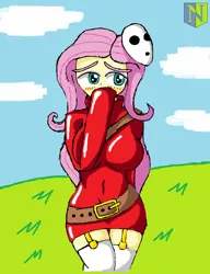Size: 1000x1300 | Tagged: suggestive, artist:neutralchilean, derpibooru import, fluttershy, shy guy, equestria girls, blushing, breasts, busty fluttershy, clothes, cosplay, costume, crossover, female, fluttershy guy, kneesocks, looking at you, mask, socks, solo, super mario bros.