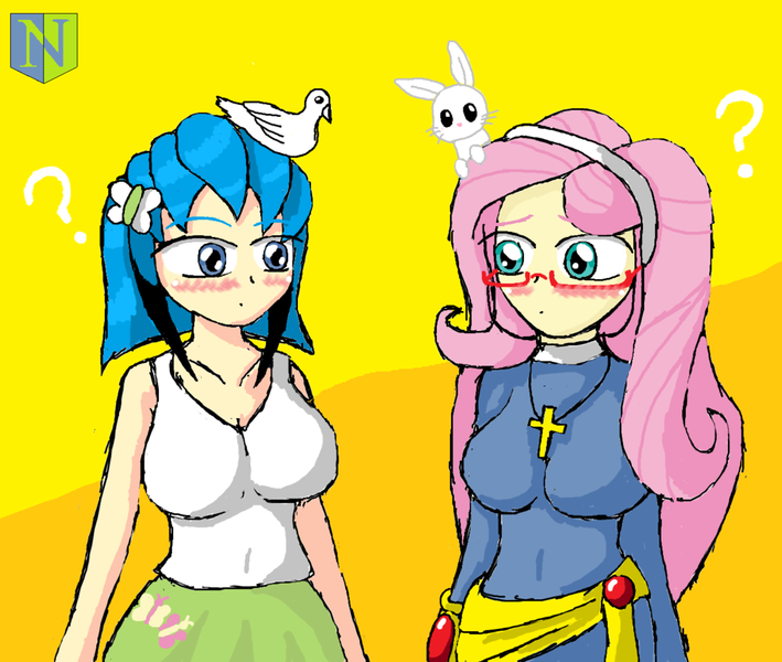 Size: 1024x866 | Tagged: safe, artist:neutralchilean, derpibooru import, fluttershy, oc, oc:mayumi, equestria girls, accesory swap, blushing, breasts, cleavage, crossover, female, humanized