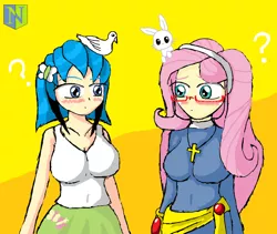 Size: 1024x866 | Tagged: safe, artist:neutralchilean, derpibooru import, fluttershy, oc, oc:mayumi, equestria girls, accesory swap, blushing, breasts, cleavage, crossover, female, humanized