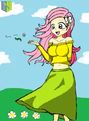 Size: 900x1229 | Tagged: safe, artist:neutralchilean, derpibooru import, fluttershy, equestria girls, belly button, blushing, breasts, busty fluttershy, clothes, female, humanized, midriff, off shoulder, skirt, solo, sweater, sweatershy
